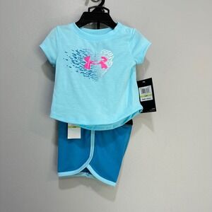 Under‎ Armour Baby Girls 3/6M Light Blue Heart Fish Logo T-Shirt Shorts Set NWT
